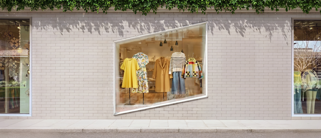 Exterior view of a clothing boutique with a large window display showcasing garments, where the window frame forms SynaPay's parallelogram logo.